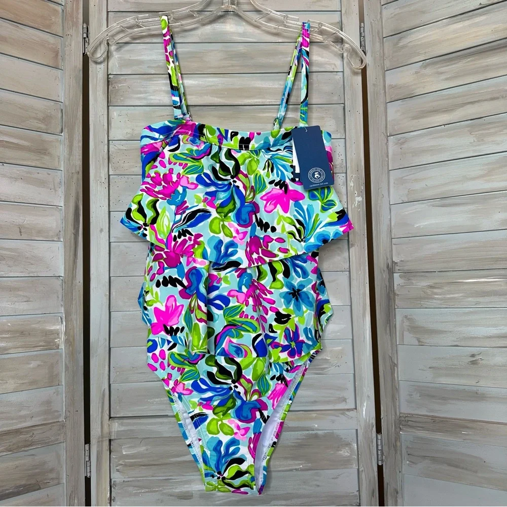 Caribbean Joe tiered bandeau 1 piece swimsuit removable straps floral Small NWT
